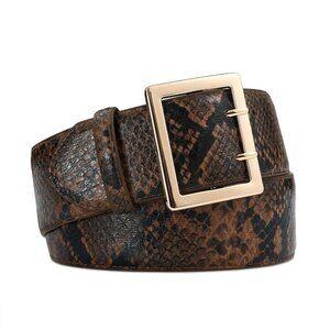 Women Leather Wide Fashion Thick Black Belt With Gold Buckle Belt Snakeskin